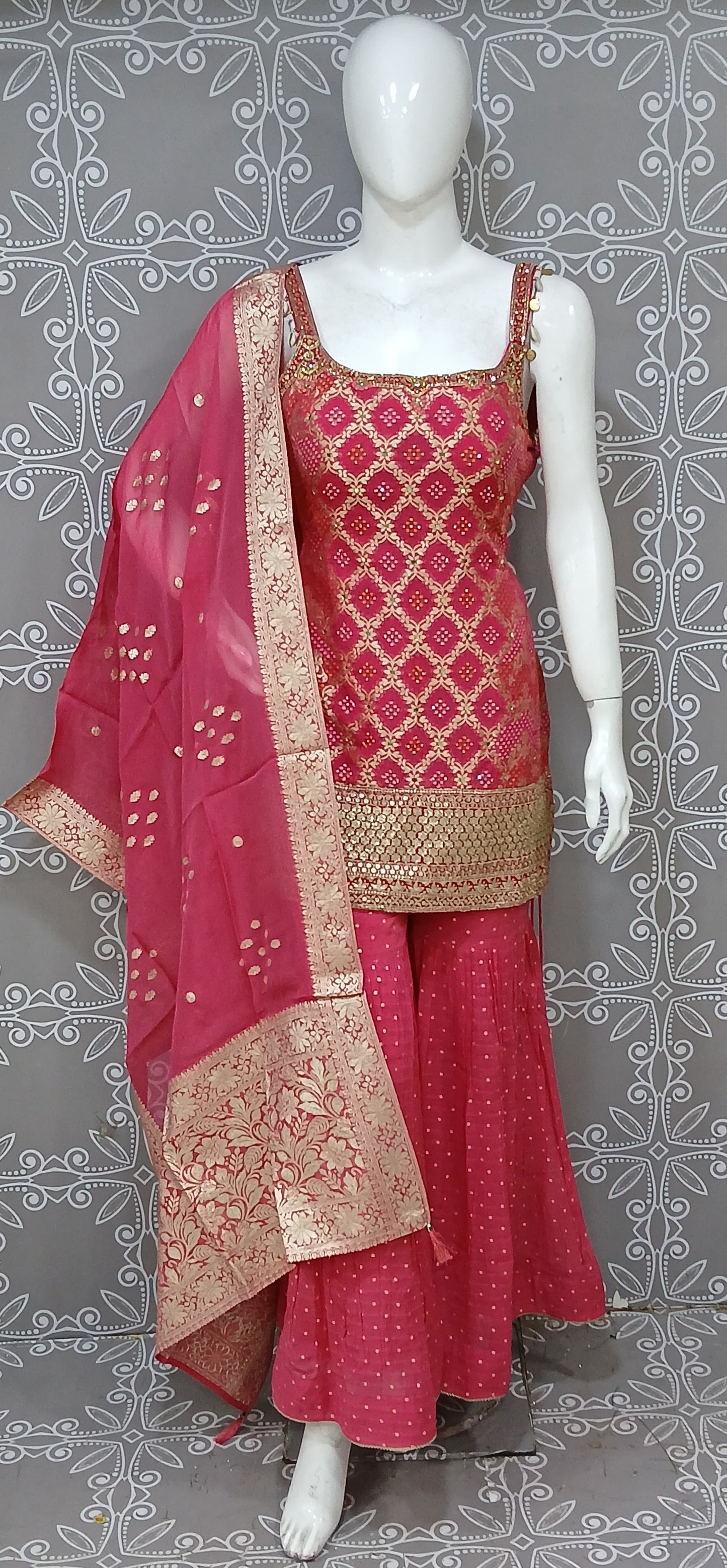 Pink Sleeveless Bandhini Sharara Suit