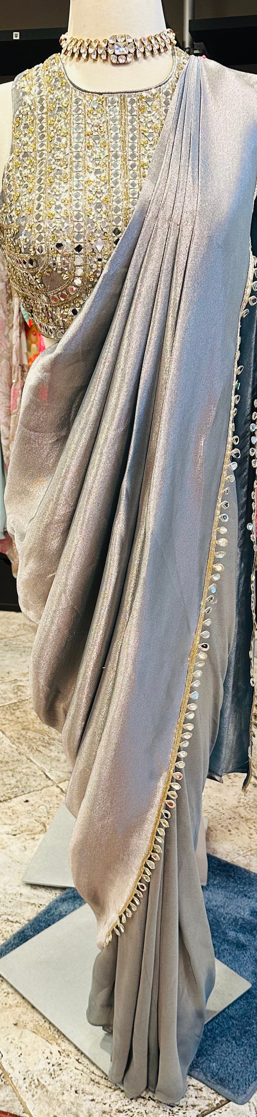 Embellished Metallic Saree with Mirror-Work Blouse