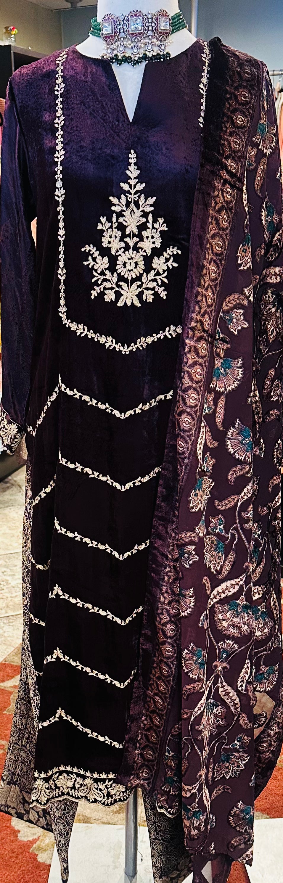 Wine Velvet Kurta Set with Printed Dupatta