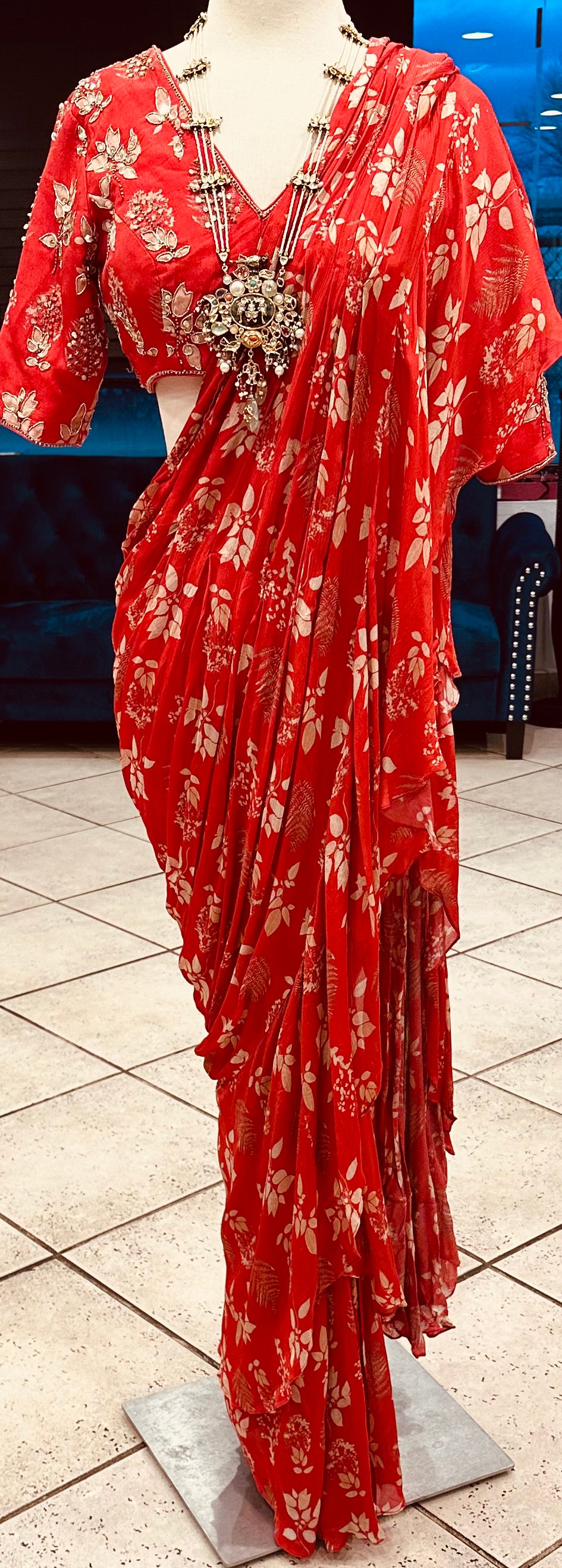 Red Floral Pre-Stitched Saree
