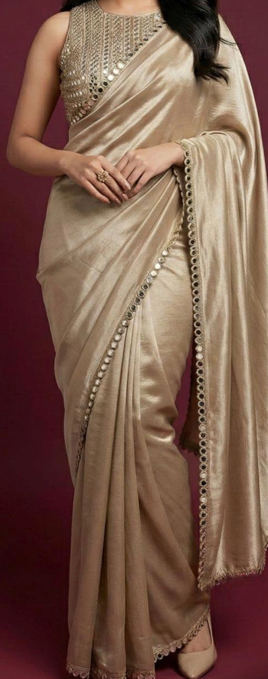 Embellished Metallic Saree with Mirror-Work Blouse