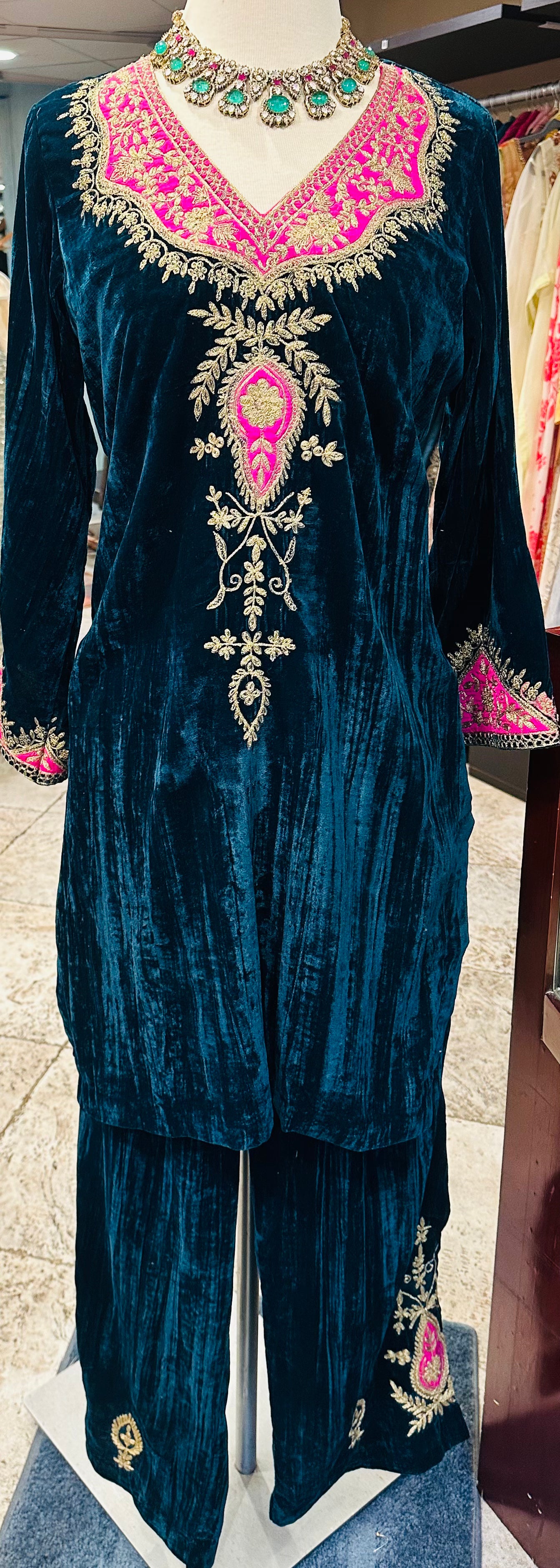 Teal Blue Velvet Kurta Set