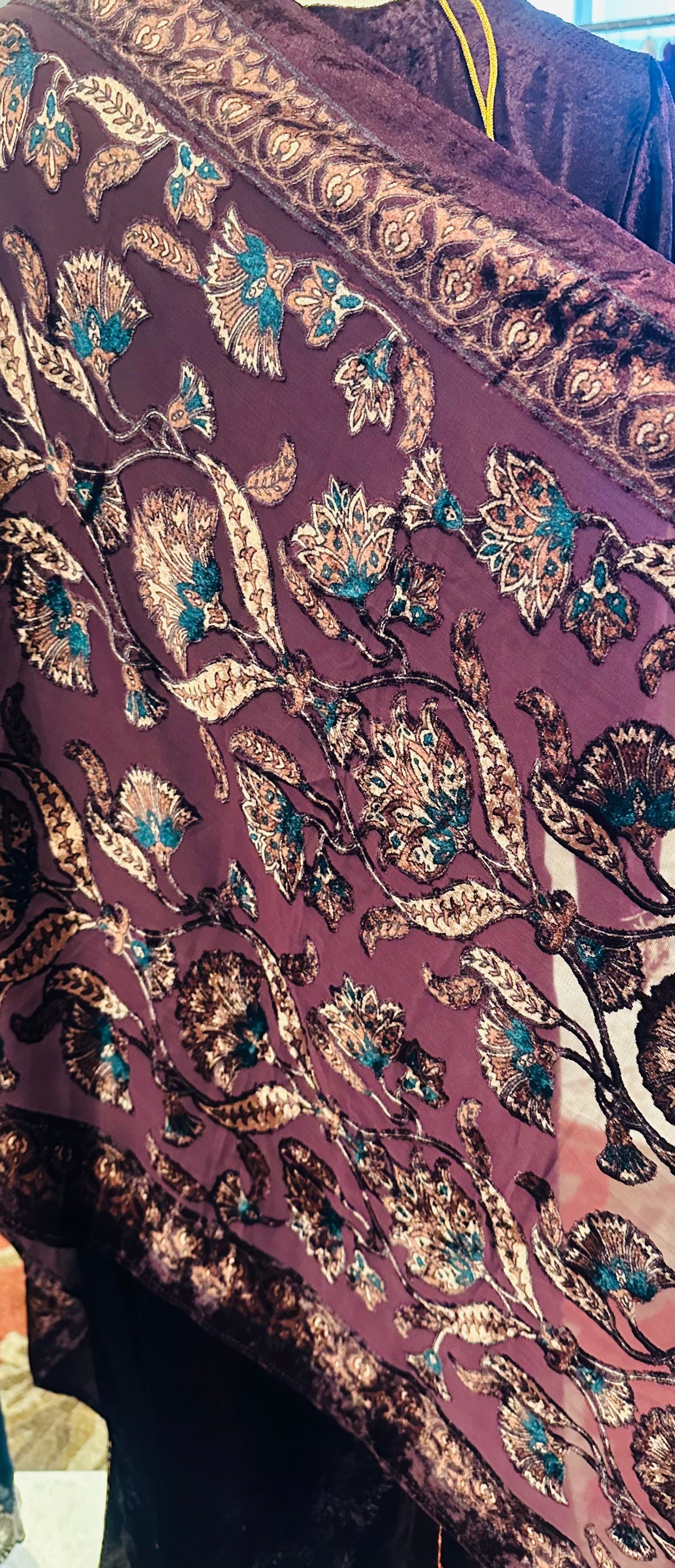 Wine Velvet Kurta Set with Printed Dupatta