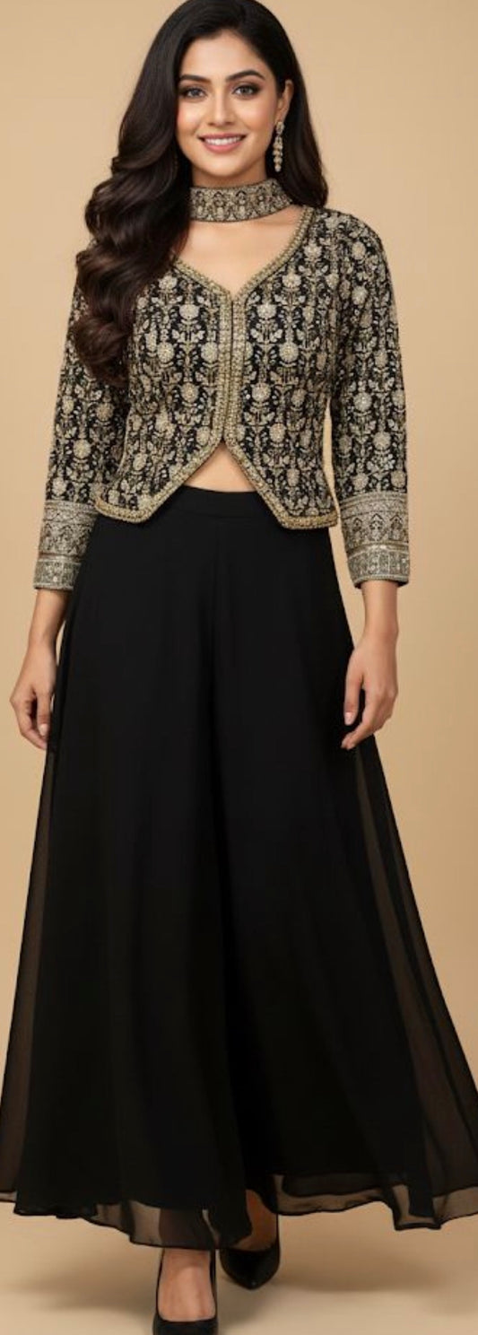 Black and Beige Crop top with flared pants